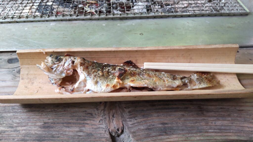 Photograph of rainbow trout on a bamboo plate in Chogen no Sato Village