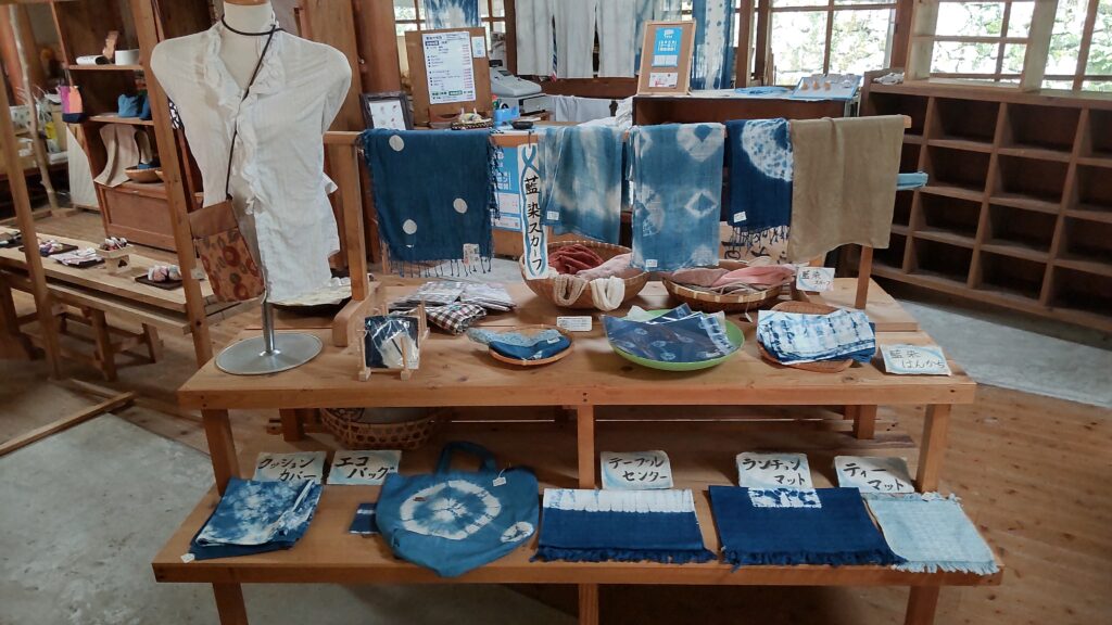 Indigo-dyed products of the Fureai Workshop in Chogen no Sato Village