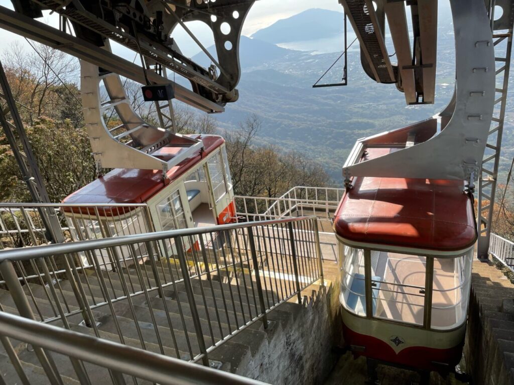 Two gondolas at the end of the ropeway in Ōhirayama Summit Park