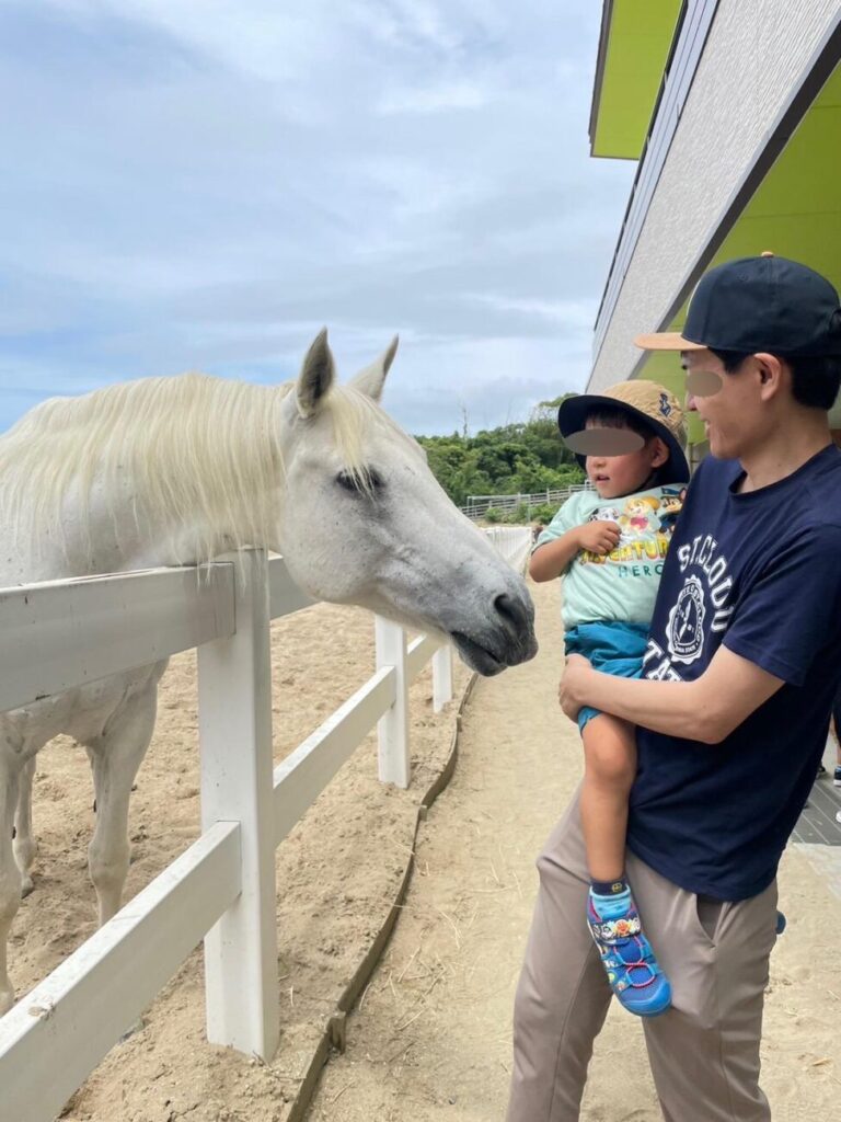 島根県益田市のさんさん牧場で馬とふれ合う親子